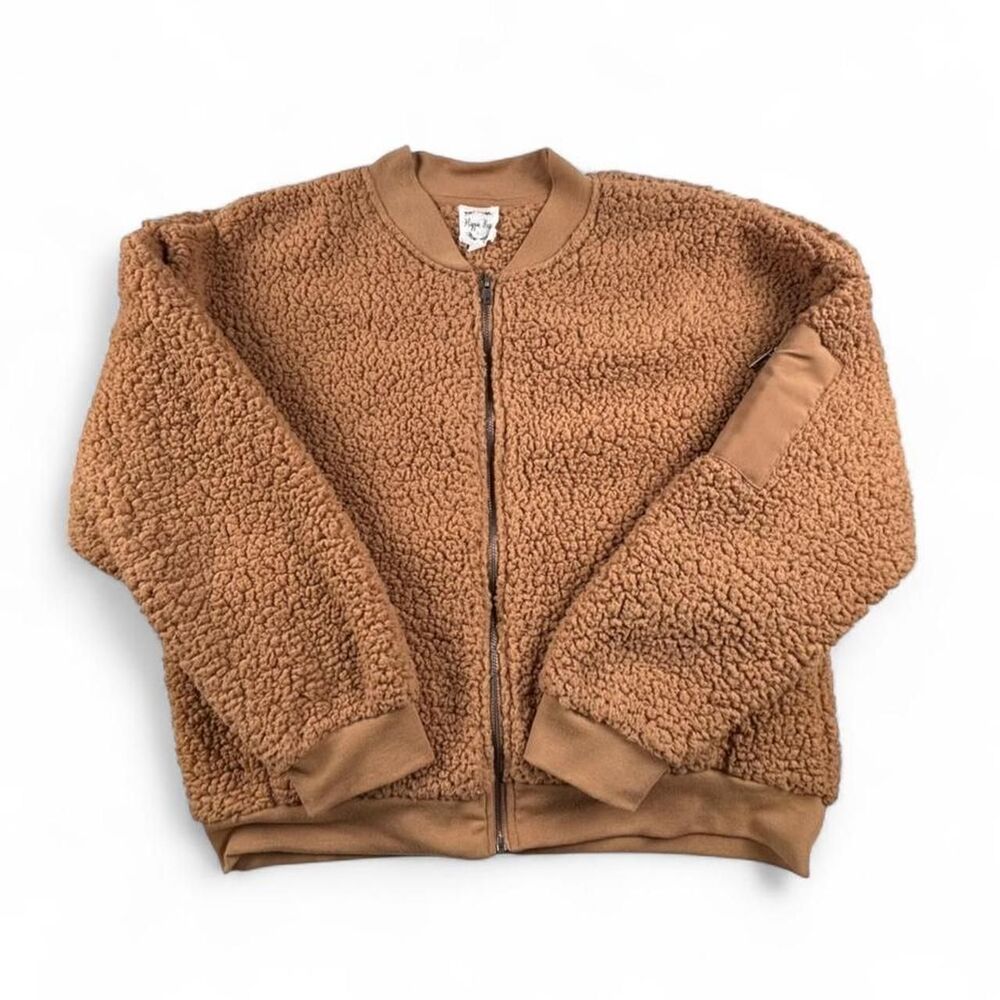 Hippie Rose Sherpa Jacket Womens XL Tan Zip Up Teddy Fleece Cozy Fall Winter